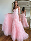 Light Pink A Line Tiered Spaghetti Straps Tulle Prom Dresses