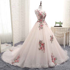 Light Pink Ball Gowns Quinceanera Dress With Flowers Embroidery, Pink Tulle And Organza Prom Dresses