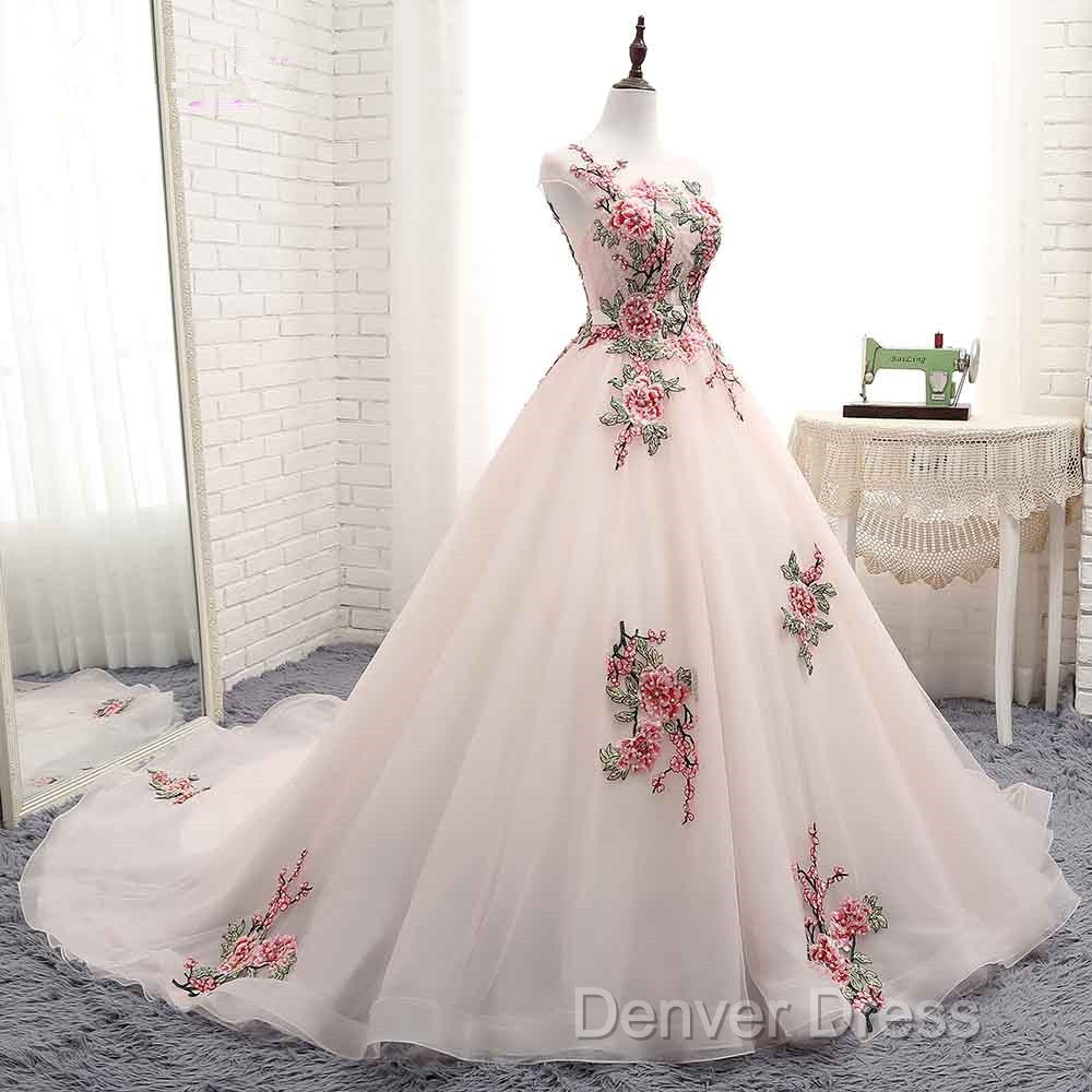 Light Pink Ball Gowns Quinceanera Dress With Flowers Embroidery, Pink Tulle And Organza Prom Dresses