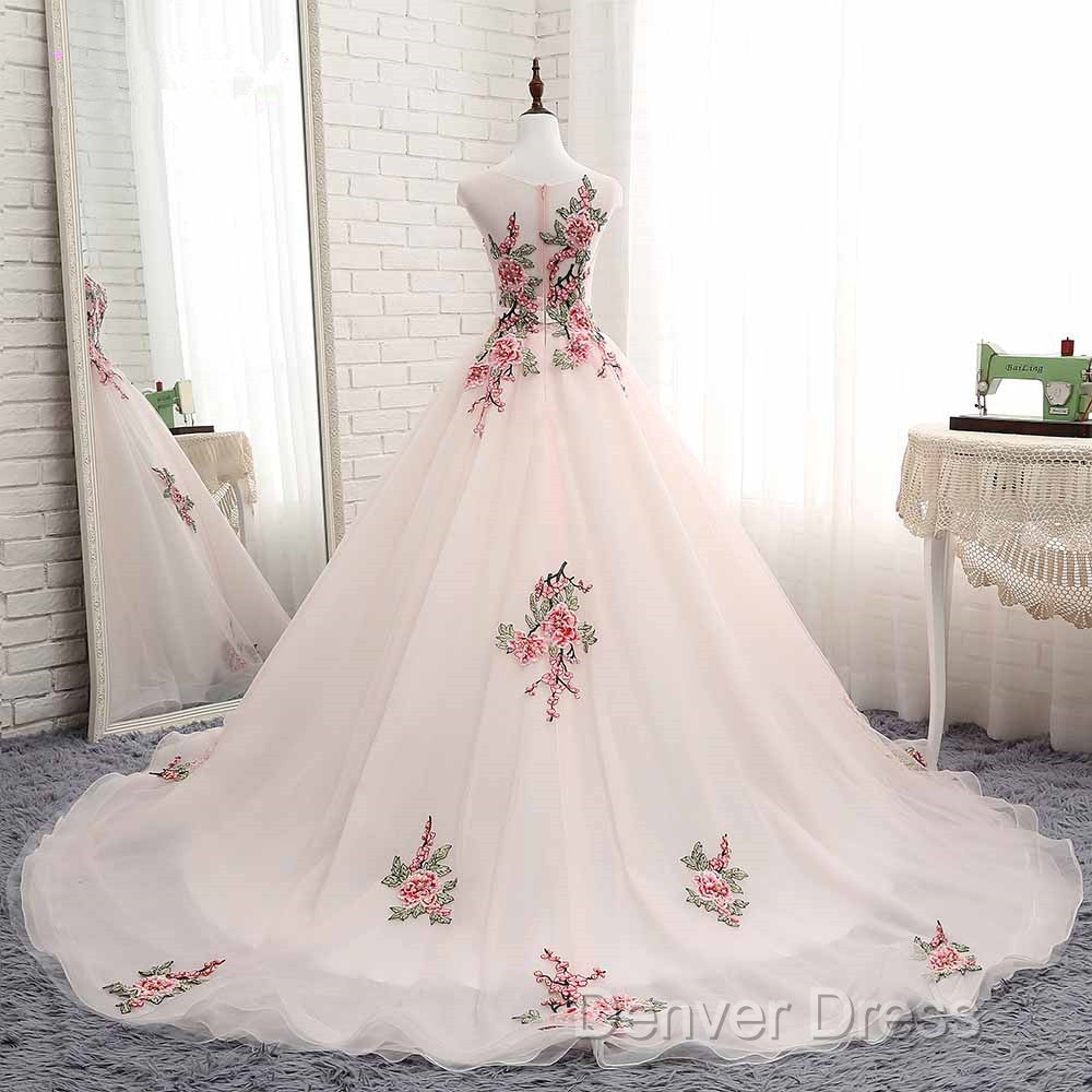 Light Pink Ball Gowns Quinceanera Dress With Flowers Embroidery, Pink Tulle And Organza Prom Dresses
