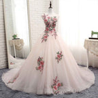 Light Pink Ball Gowns Quinceanera Dress With Flowers Embroidery, Pink Tulle And Organza Prom Dresses