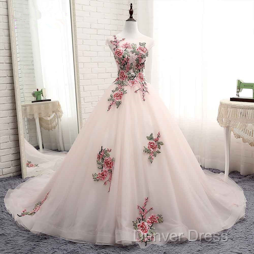 Light Pink Ball Gowns Quinceanera Dress With Flowers Embroidery, Pink Tulle And Organza Prom Dresses