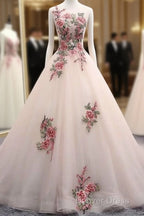 Light Pink Ball Gowns Quinceanera Dress With Flowers Embroidery, Pink Tulle And Organza Prom Dresses