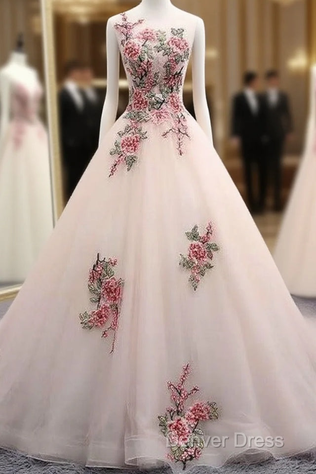 Light Pink Ball Gowns Quinceanera Dress With Flowers Embroidery, Pink Tulle And Organza Prom Dresses