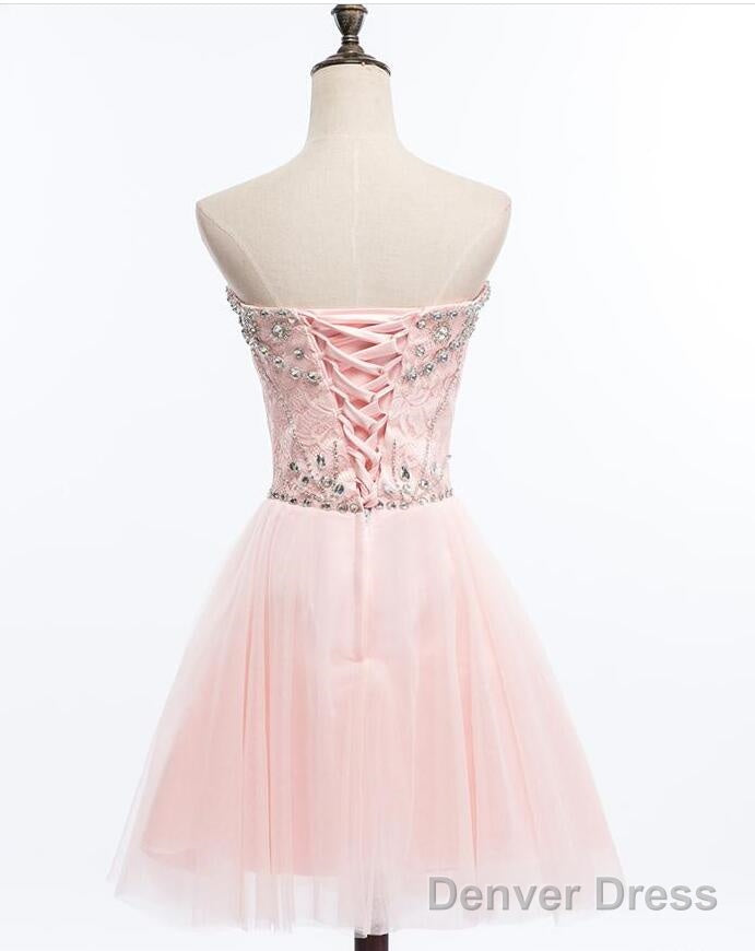 Light Pink Beaded Tulle And Lace Sweetheart Homecoming Dress, Pink Tulle Prom Dress