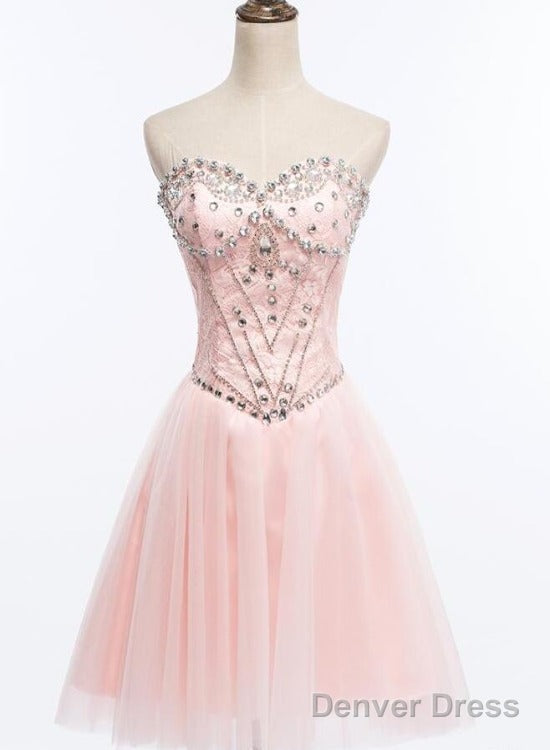 Light Pink Beaded Tulle And Lace Sweetheart Homecoming Dress, Pink Tulle Prom Dress Main image