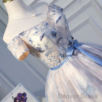 Light Pink Cute Short Tulle With Floral Lace Homecoming Dress, Short Prom Dress Graduation Dress