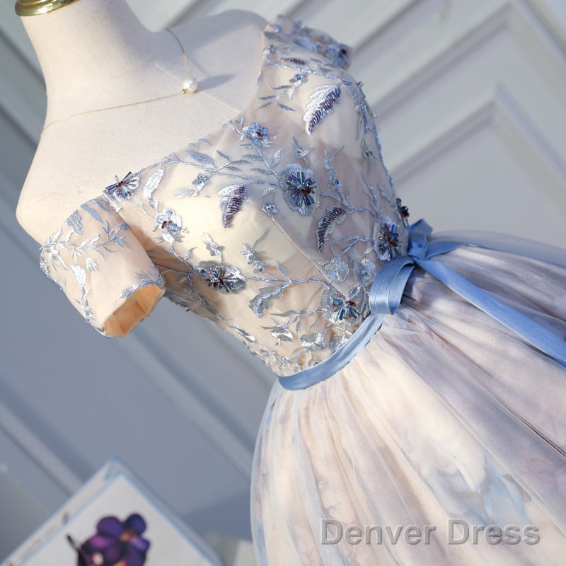 Light Pink Cute Short Tulle With Floral Lace Homecoming Dress, Short Prom Dress Graduation Dress