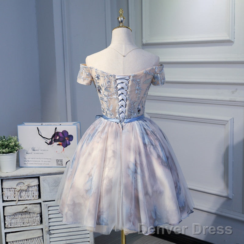 Light Pink Cute Short Tulle With Floral Lace Homecoming Dress, Short Prom Dress Graduation Dresses
