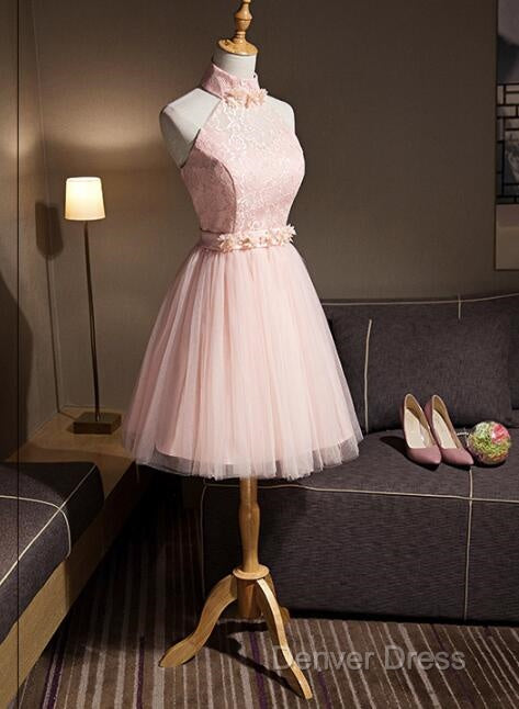 Light Pink Halter Tulle And Lace Lovely Knee Length Formal Dresses, Cute Party Dresses, Pink Prom Dresses