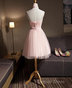 Light Pink Halter Tulle And Lace Lovely Knee Length Formal Dresses, Cute Party Dresses, Pink Prom Dresses