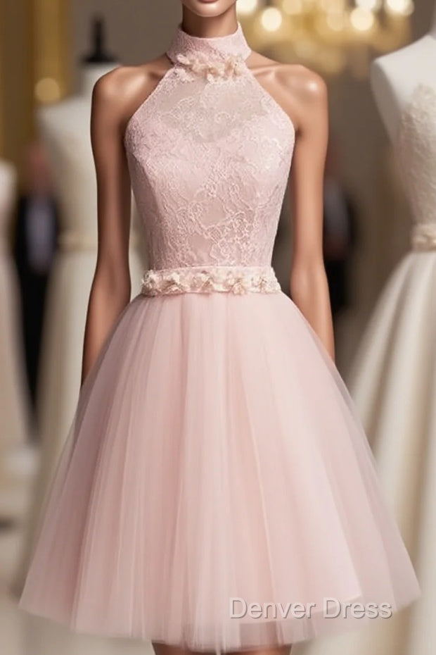 Light Pink Halter Tulle And Lace Lovely Knee Length Formal Dresses, Cute Party Dresses, Pink Prom Dresses