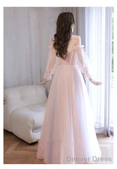 Light Pink Off Shoulder A-Line Tulle Prom Dress With Lace, Pink Formal Dress