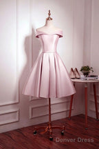 Light Pink Off Shoulder Knee Length Bridesmaid Dress, Pink Satin Homecoming Dresses