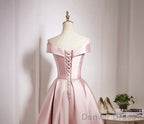 Light Pink Off Shoulder Knee Length Bridesmaid Dress, Pink Satin Homecoming Dresses