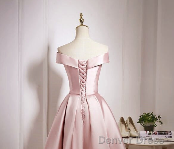 Light Pink Off Shoulder Knee Length Bridesmaid Dress, Pink Satin Homecoming Dresses
