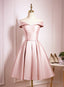 Light Pink Off Shoulder Knee Length Bridesmaid Dress, Pink Satin Homecoming Dresses