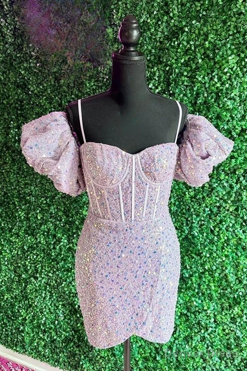 Light Pink Puff Sleeves Sequins Sheath Homecoming Dresses Cocktail Secondary image