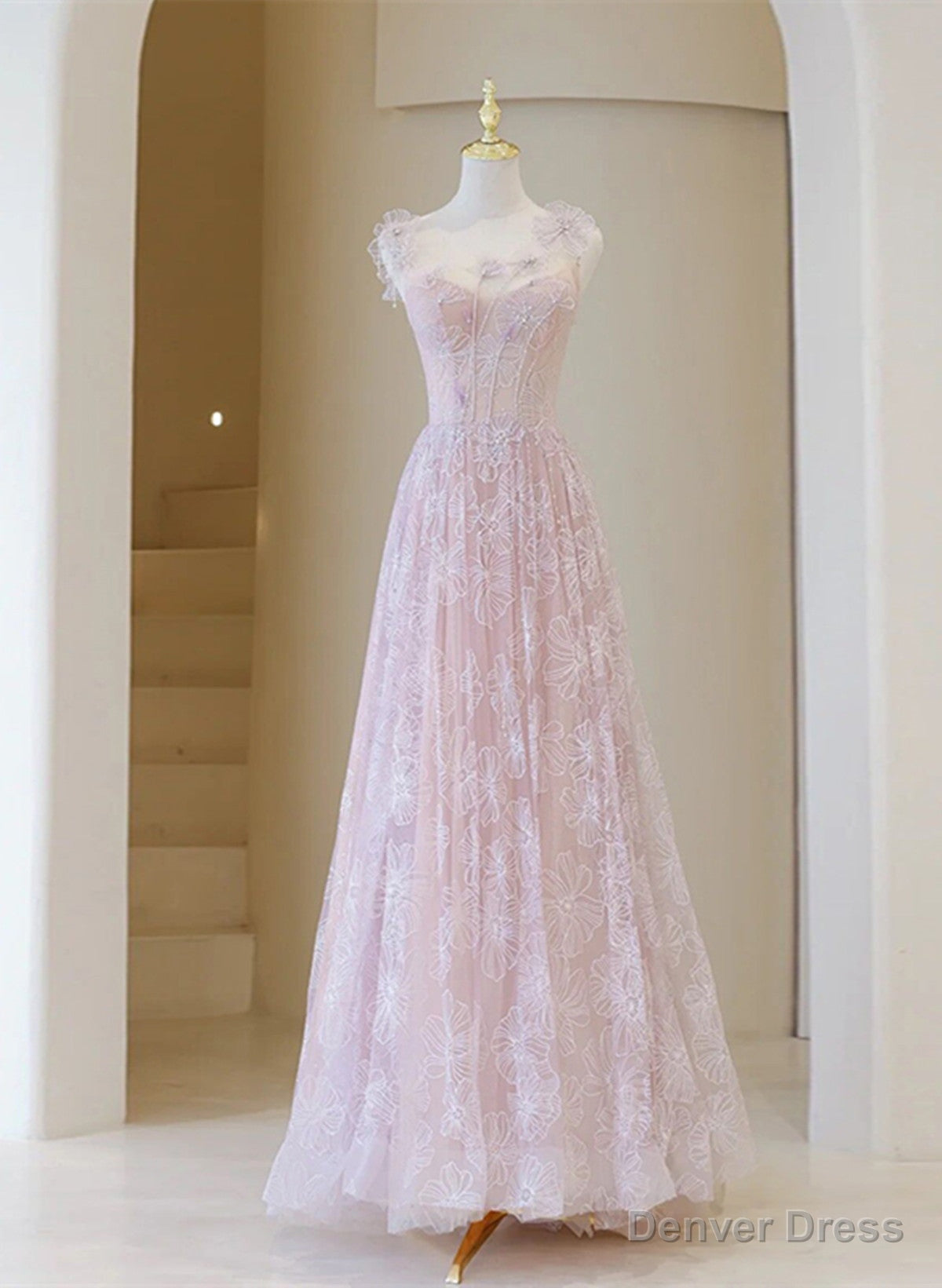 Light Pink Round Neckline Lace Long Prom Dress, A-line Pink Floor Length Party Dress Main image