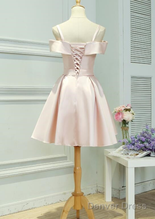 Light Pink Satin Knee Length Off Shoulder Prom Dress, Short Pink Homecoming Dresses Secondary image
