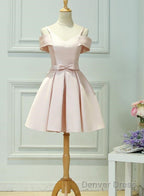 Light Pink Satin Knee Length Off Shoulder Prom Dress, Short Pink Homecoming Dresses