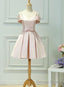 Light Pink Satin Knee Length Off Shoulder Prom Dress, Short Pink Homecoming Dresses