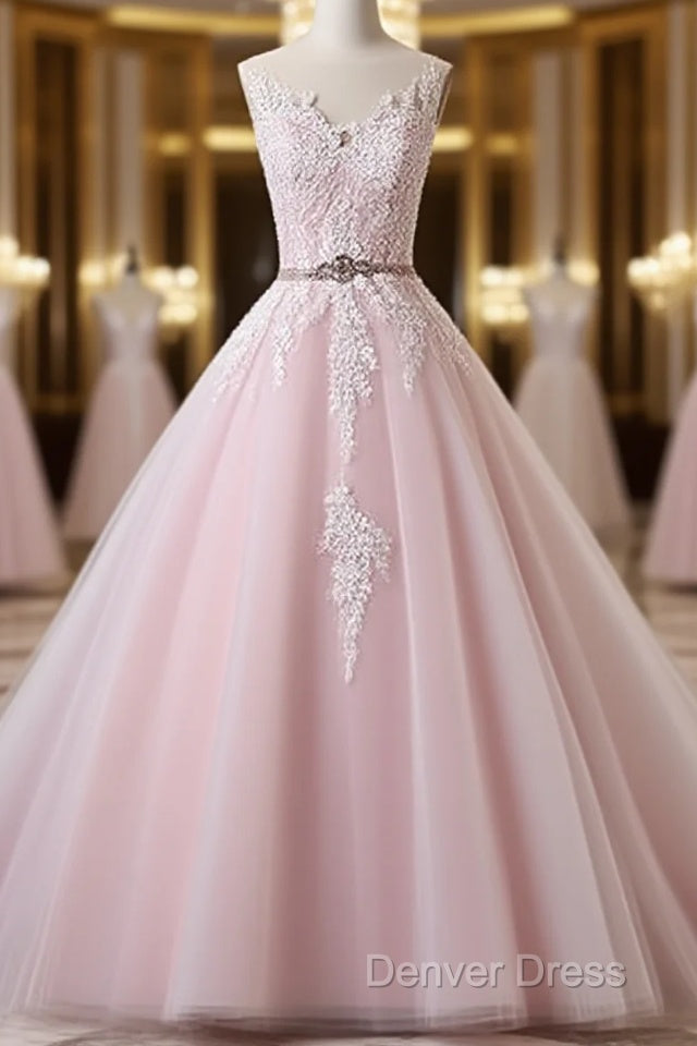 Light Pink Scoop Neck Lace Applique Prom Dress, Beaded Wedding Dresses