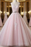 Light Pink Scoop Neck Lace Applique Prom Dress, Beaded Wedding Dresses