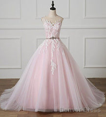 Light Pink Scoop Neck Lace Applique Formal Prom Dress, Beaded Wedding Dress