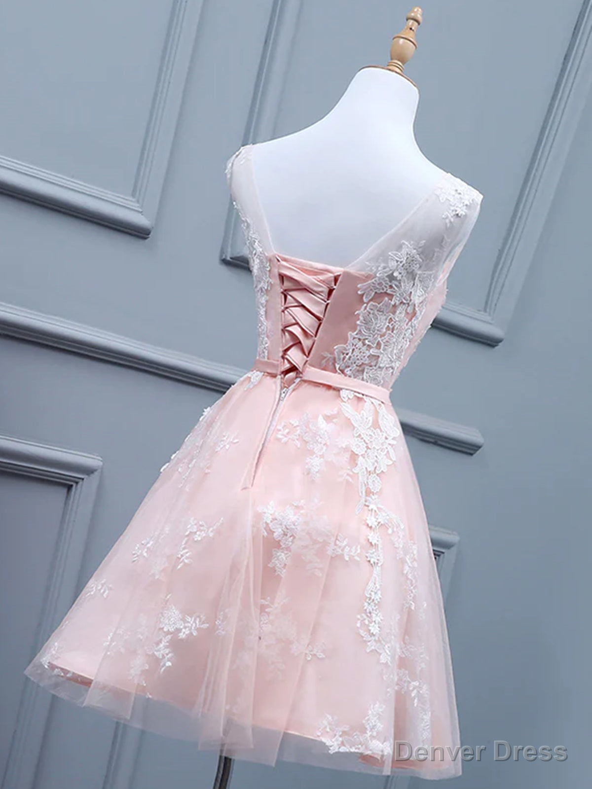 Light Pink Short Lace Prom Dress, Light Pink Short Lace Graduation Homecoming Dresses