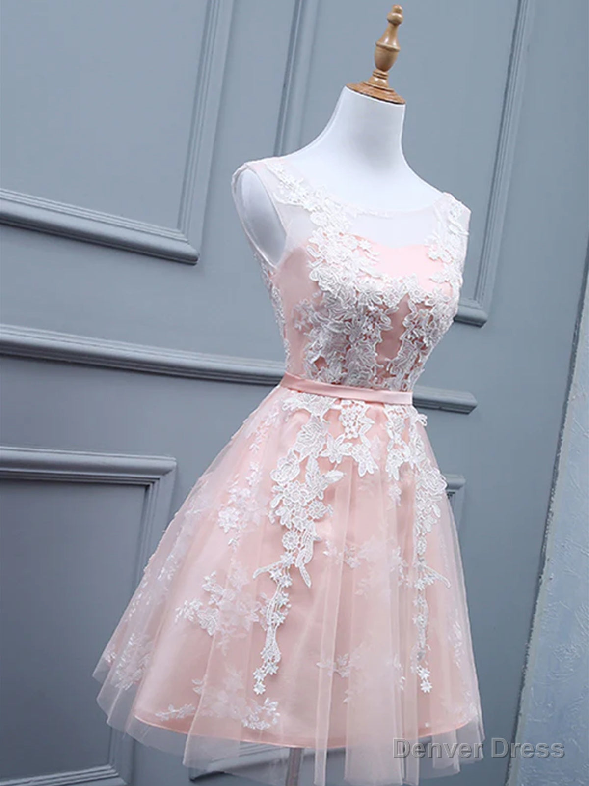 Light Pink Short Lace Prom Dress, Light Pink Short Lace Graduation Homecoming Dresses Secondary image