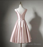 Light Pink Tea Length Satin Wedding Prom Dress, Pink Prom Dress, Homecoming Dresses