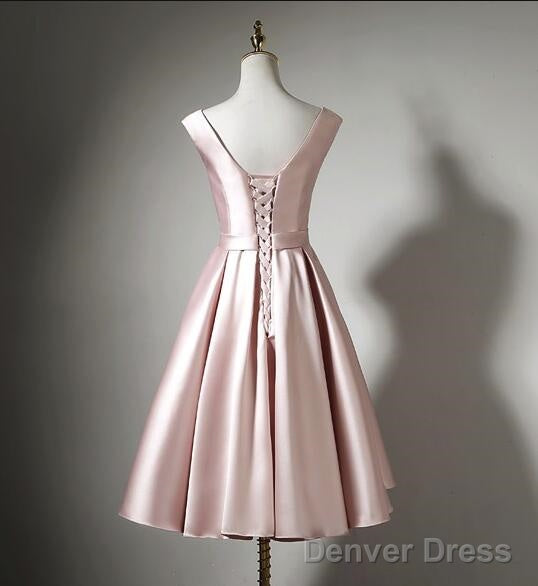 Light Pink Tea Length Satin Wedding Prom Dress, Pink Prom Dress, Homecoming Dresses