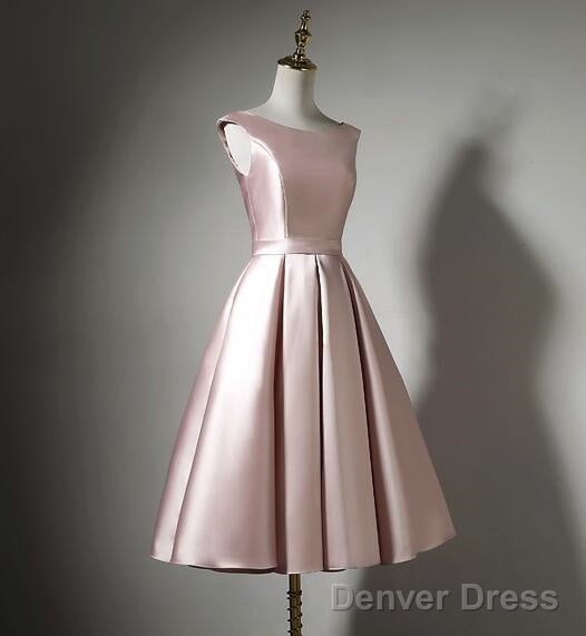 Light Pink Tea Length Satin Wedding Party Dress, Pink Evening Party Dress, Homecoming Dresses