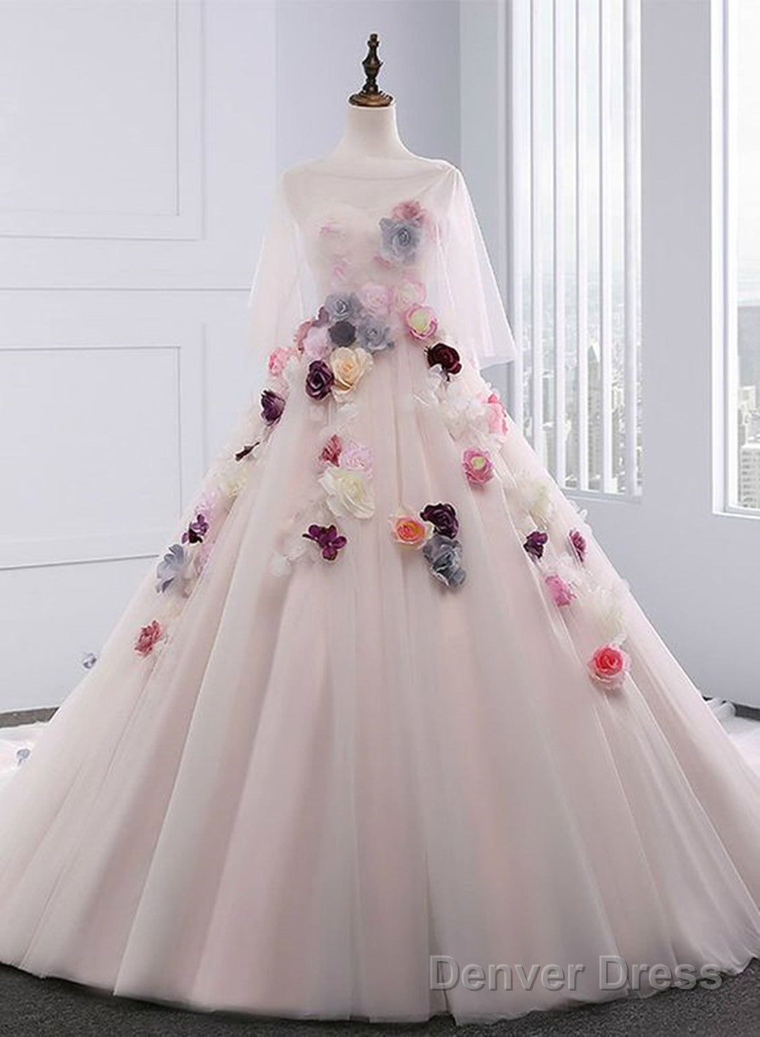 Light Pink Tulle Ball Gowns Prom Dresses With Flowers, Pink Sweet 16 Gowns