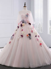 Light Pink Tulle Ball Gown Formal Dress With Flowers, Pink Sweet 16 Gown