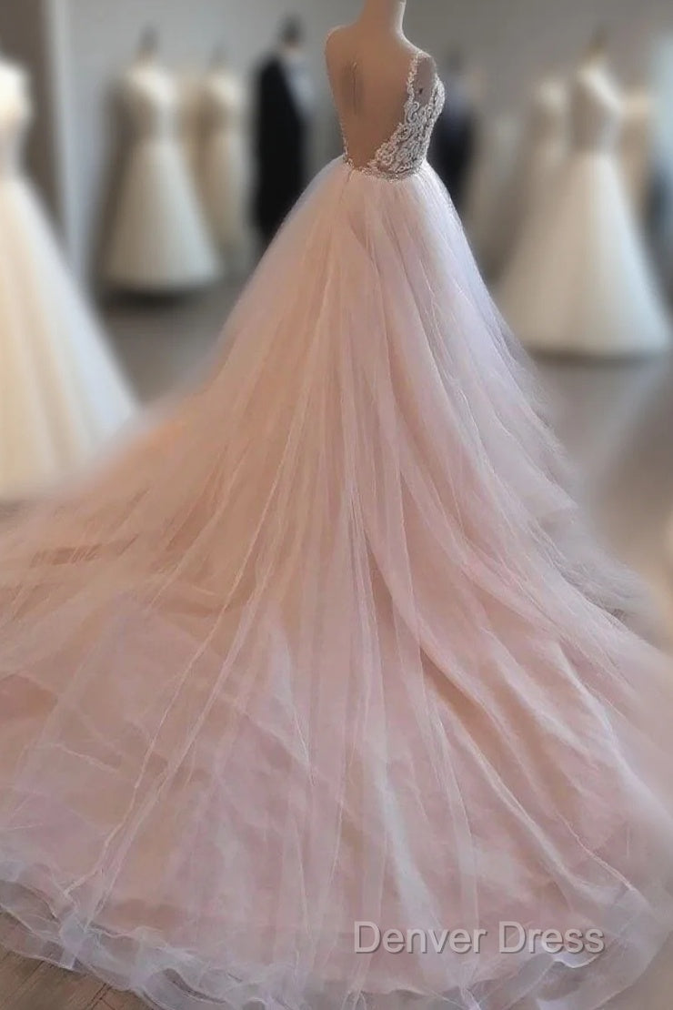 Light Pink Tulle Lace Long Prom Dresses, Wedding Dresses