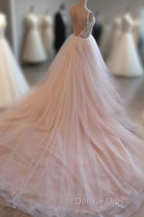 Light Pink Tulle Lace Long Prom Dresses, Wedding Dresses