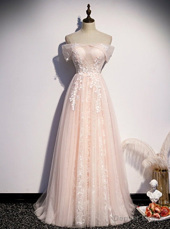Light Pink Tulle Off the Shoulder Appliques Prom Dress Main image