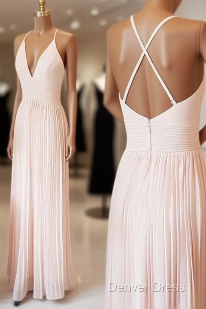 Light Pink V Neck Chiffon Long Prom Dresses, Pink Evening Dresses Main image