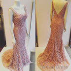 Light Pink V Neck Open Back Lace Mermaid Prom Dresses