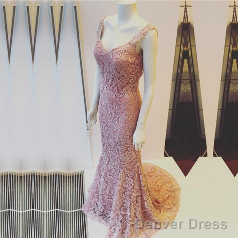 Light Pink V Neck Open Back Lace Mermaid Prom Dresses Main image