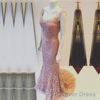 Light Pink V Neck Open Back Lace Mermaid Prom Dresses