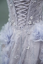 Light Purple A-Line Off-The-Shoulder Tulle Sequin Long Prom Dresses, Sweet Appliqu Beaded Evening Dresses