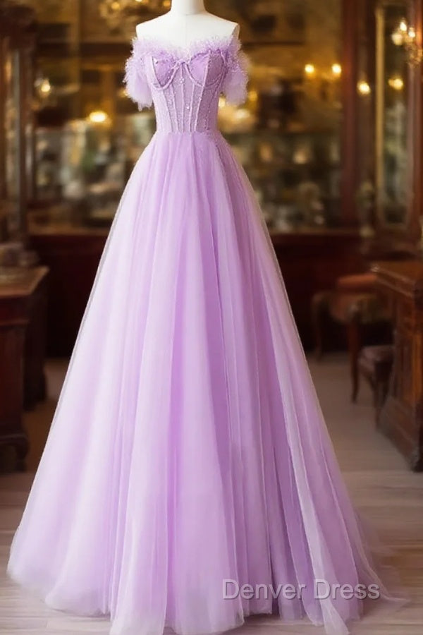 Light Purple A-Line Sweetheart Tulle Formal Dresses, Light Purple Long Prom Dresses Main image