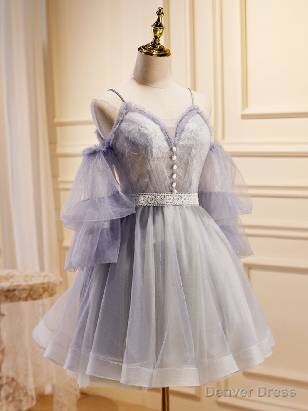 Light Purple A Line Tulle Lace Short Prom Dress, Light Purple Homecoming Dresses