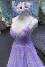 Light Purple A-Line Tulle With Lace Prom Dress, Light Purple Long Evening Dress