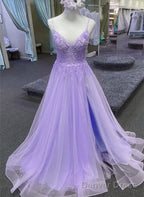 Light Purple A-Line Tulle With Lace Prom Dress, Light Purple Long Evening Dress
