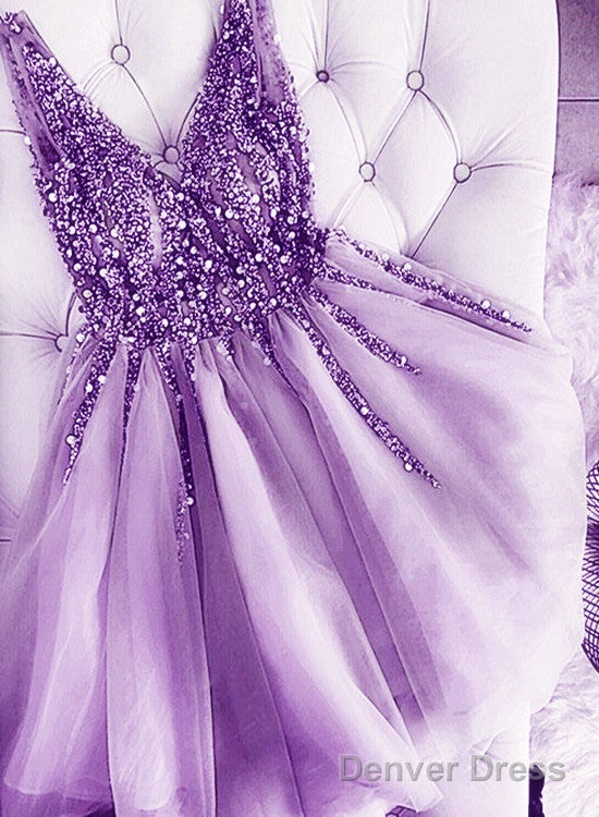 Light Purple Beaded V-Neckline Tulle Short Homecoming Dress, Tulle Short Prom Dress Main image