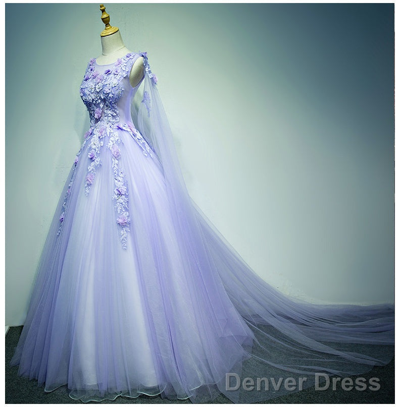 Light Purple Charming Tulle Sweet 16 Gowns With Lace, Flowers Prom Dresses